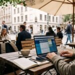 Best travel deals guide showing a traveler searching for flight and hotel discounts on a laptop