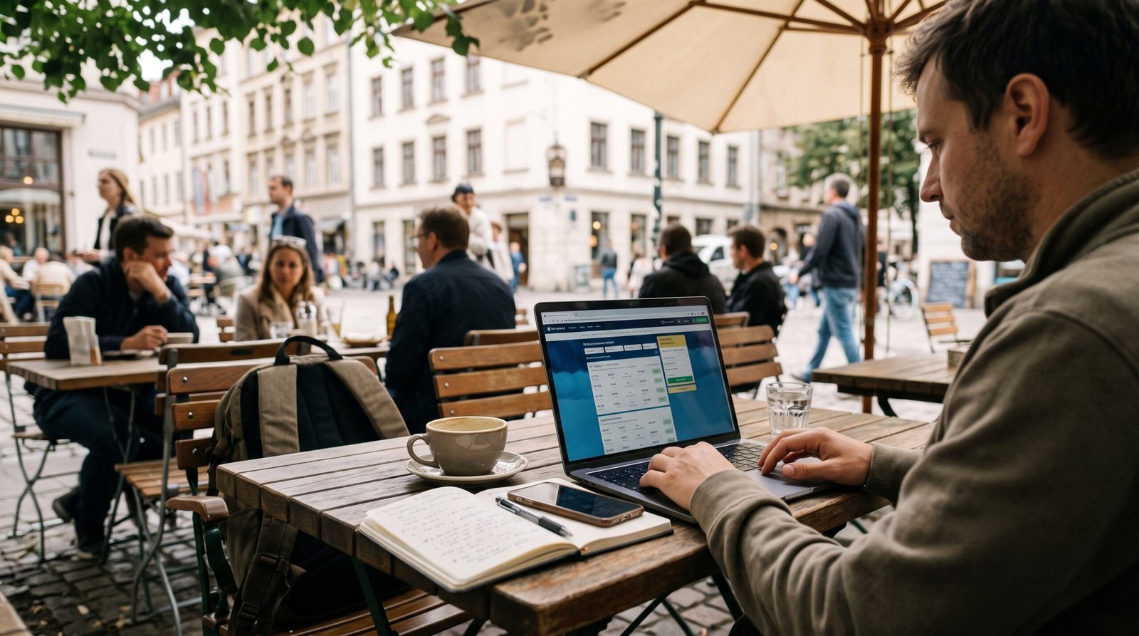 Best travel deals guide showing a traveler searching for flight and hotel discounts on a laptop