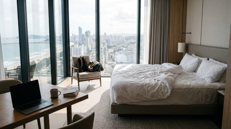 Best hotels and accommodation setup with a stylish luxury room overlooking a scenic skyline