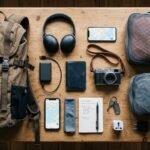 Travel Gear Essential travel gear flat-lay with backpack, electronics, and accessories