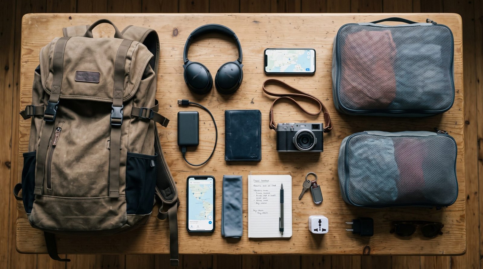 Travel Gear Essential travel gear flat-lay with backpack, electronics, and accessories