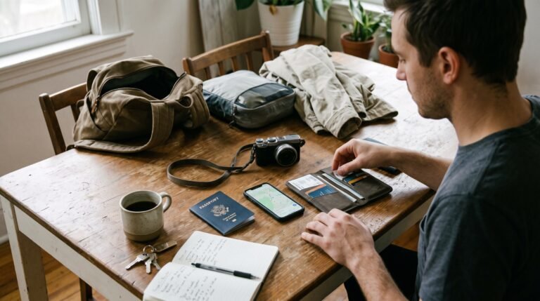 Travel Tips Essential travel tips setup with passport, travel gear, and map applications