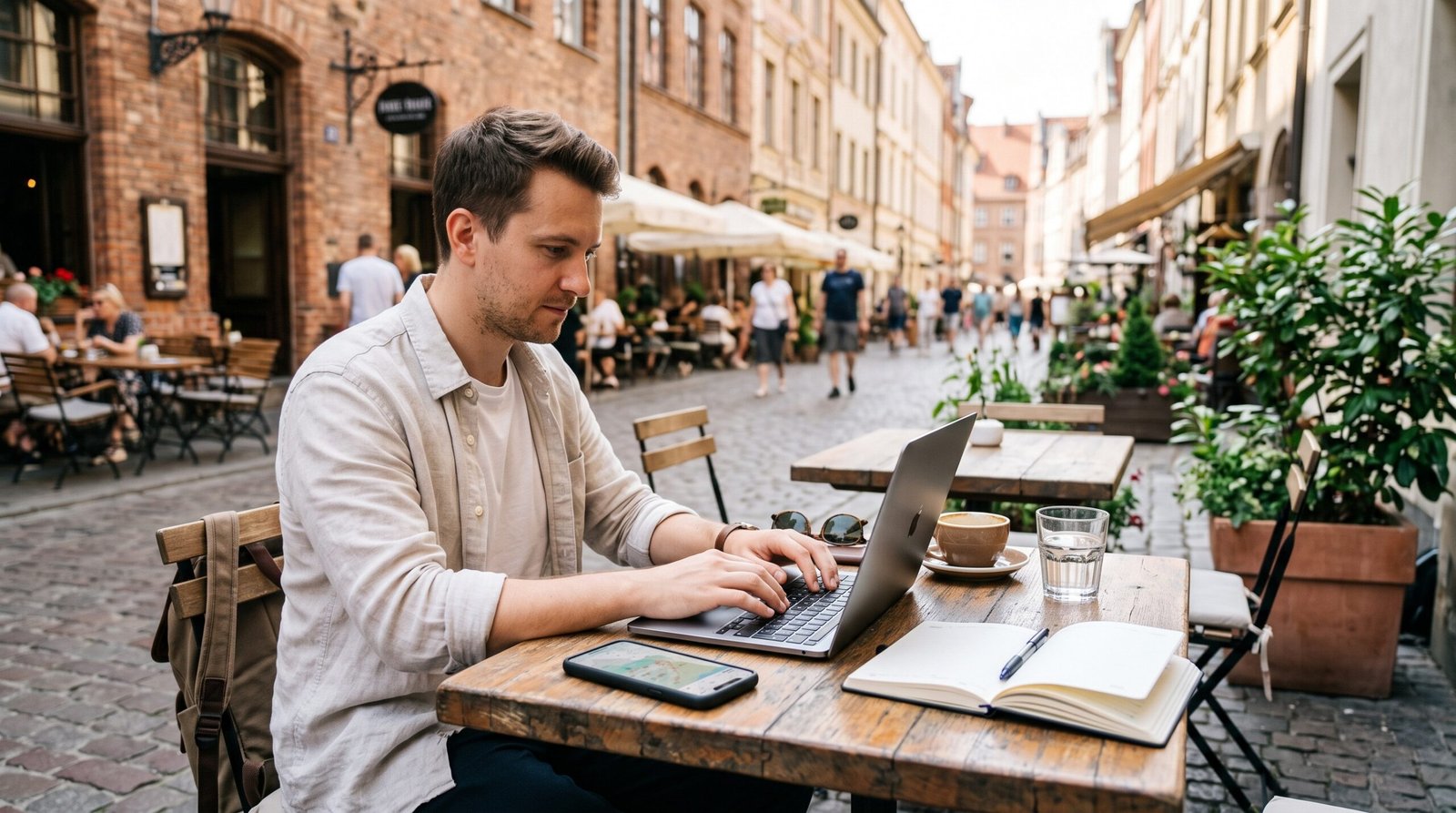 Digital nomad guide setup featuring a professional remote worker at an outdoor cafe