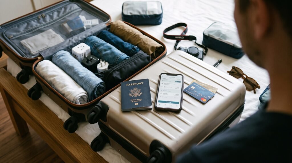 Packed luggage and travel gear representing smart planning for the best travel deals