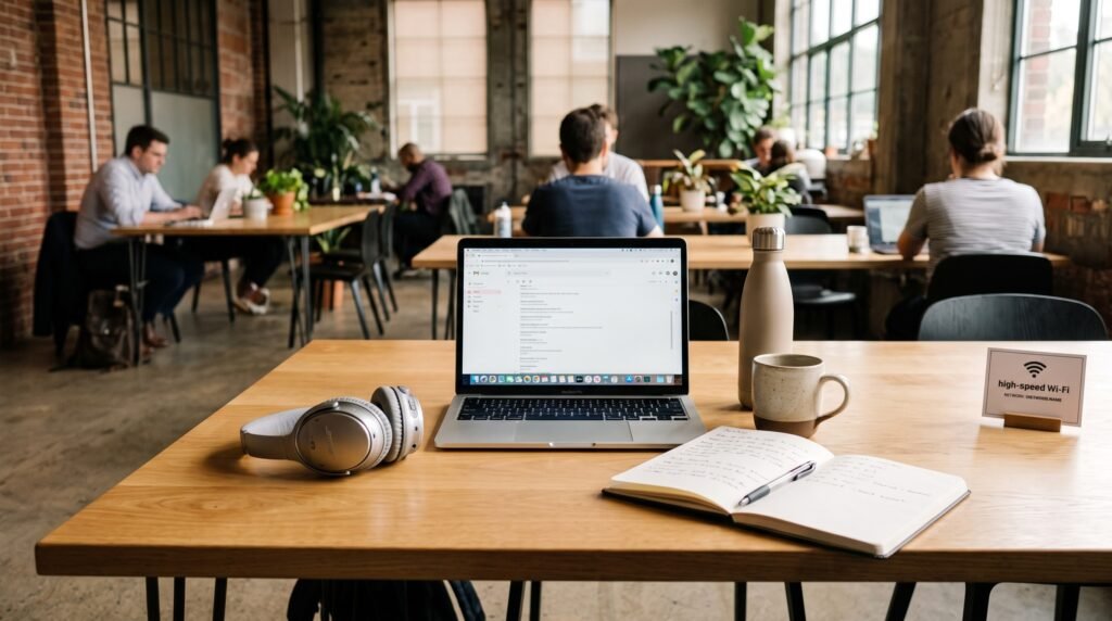 Professional co-working desk setup following digital nomad guide principles
