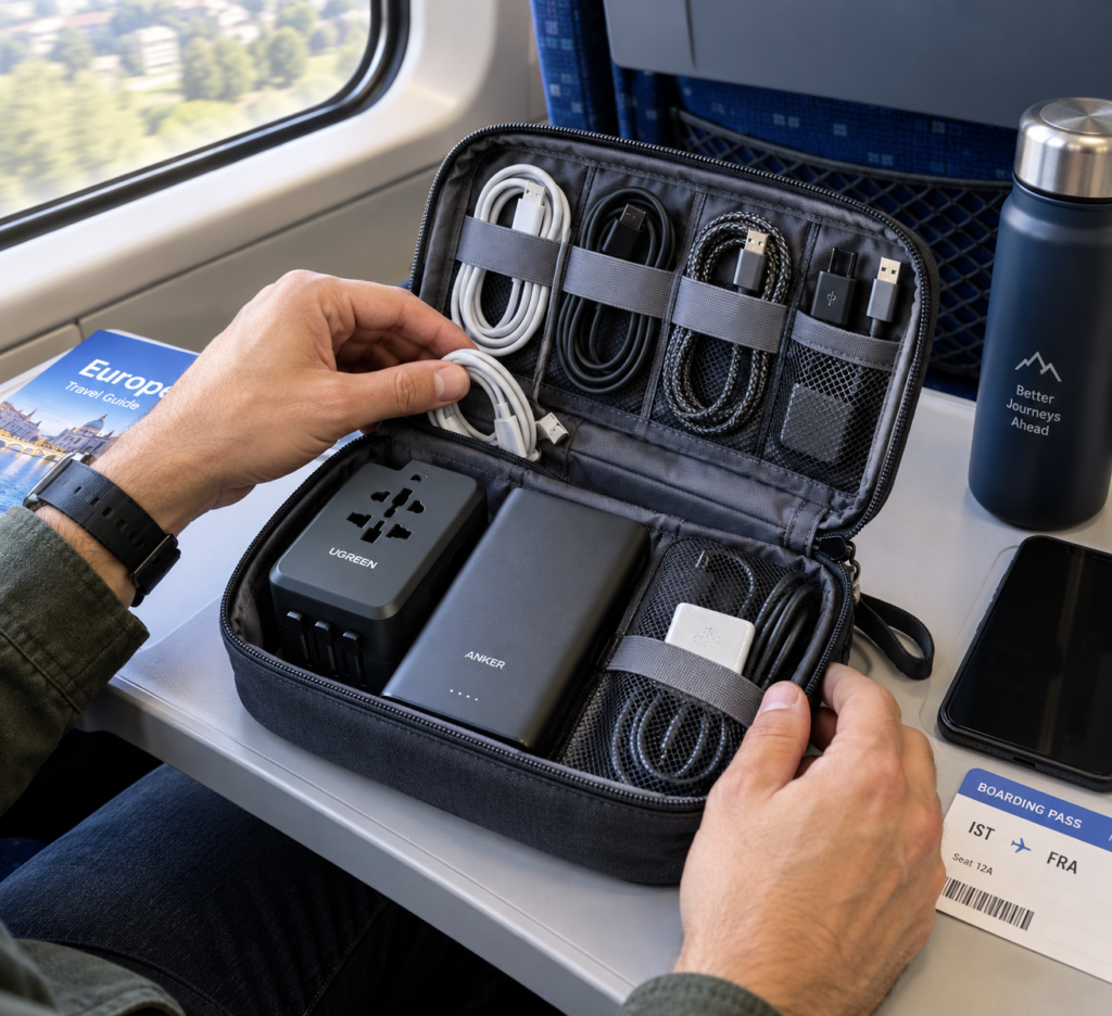 Travel Gear
Essential travel gear electronics pouch with universal adapter and power bank