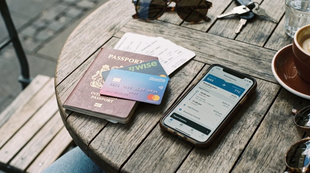 Travel documents, multi-currency cards, and passport essential for any digital nomad guide